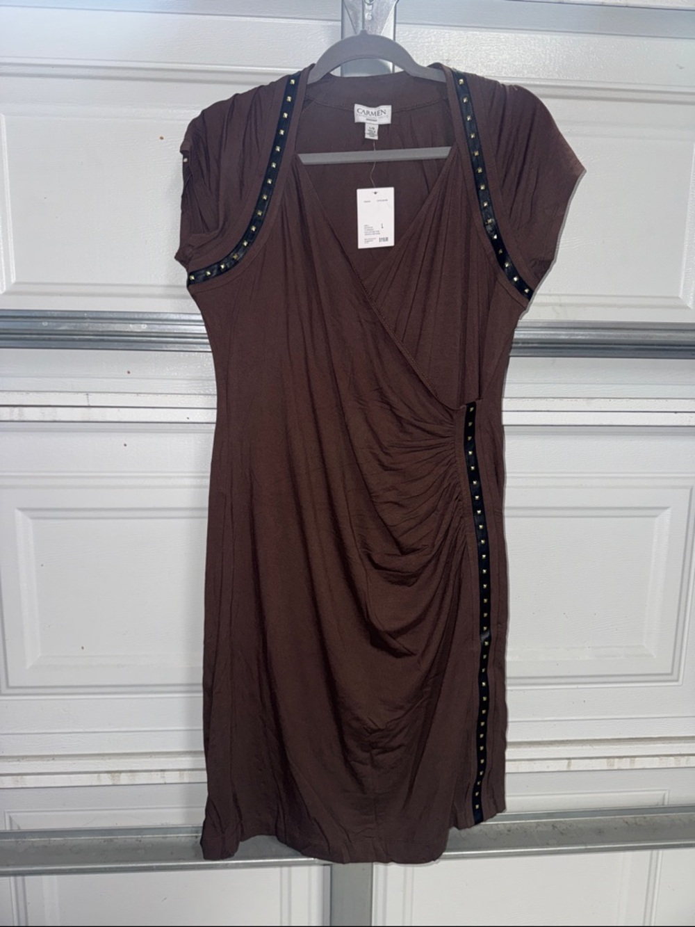 Carmen Marc Valvo Chocolate Brown Stud-Trim Draped Mini Dress